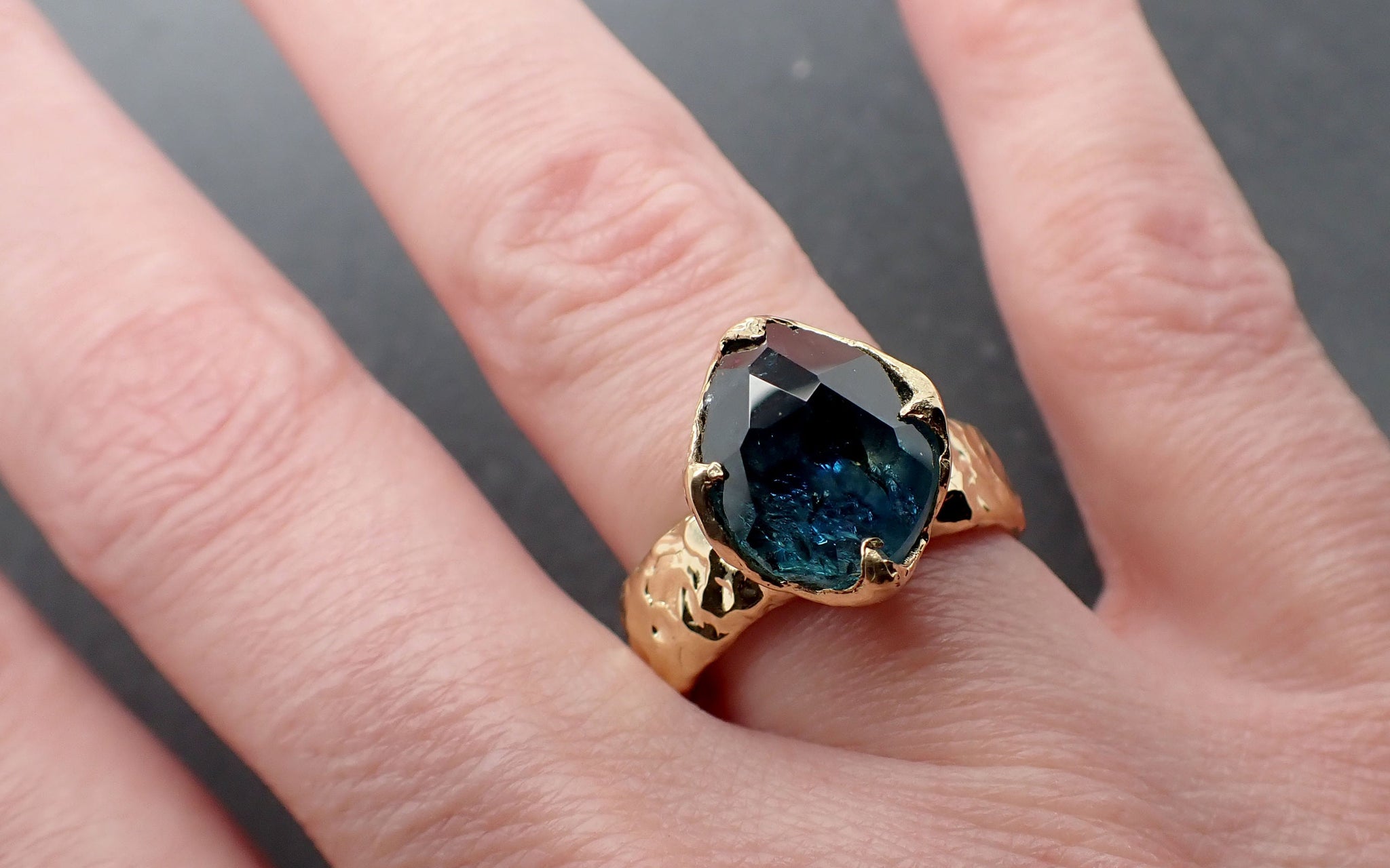 Partially faceted blue Montana Sapphire 18k Yellow Gold Solitaire Engagement Anniversary Special gift Gemstone Ring 2984