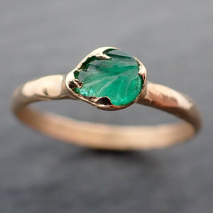 Carved Leaf Emerald Solitaire yellow 14k Gold Ring Birthstone One Of a Kind Gemstone Ring Recycled 3473