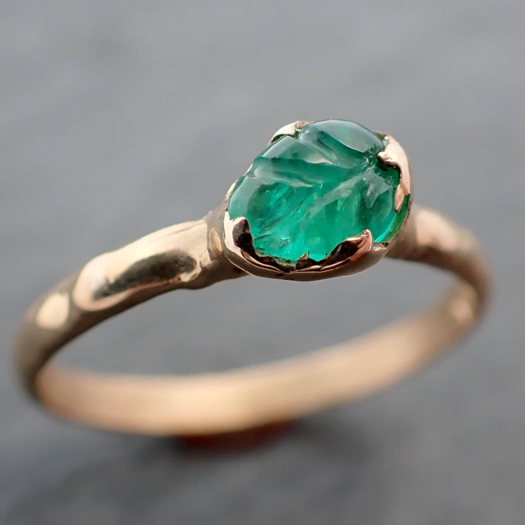 Carved Leaf Emerald Solitaire yellow 14k Gold Ring Birthstone One Of a Kind Gemstone Ring Recycled 3472