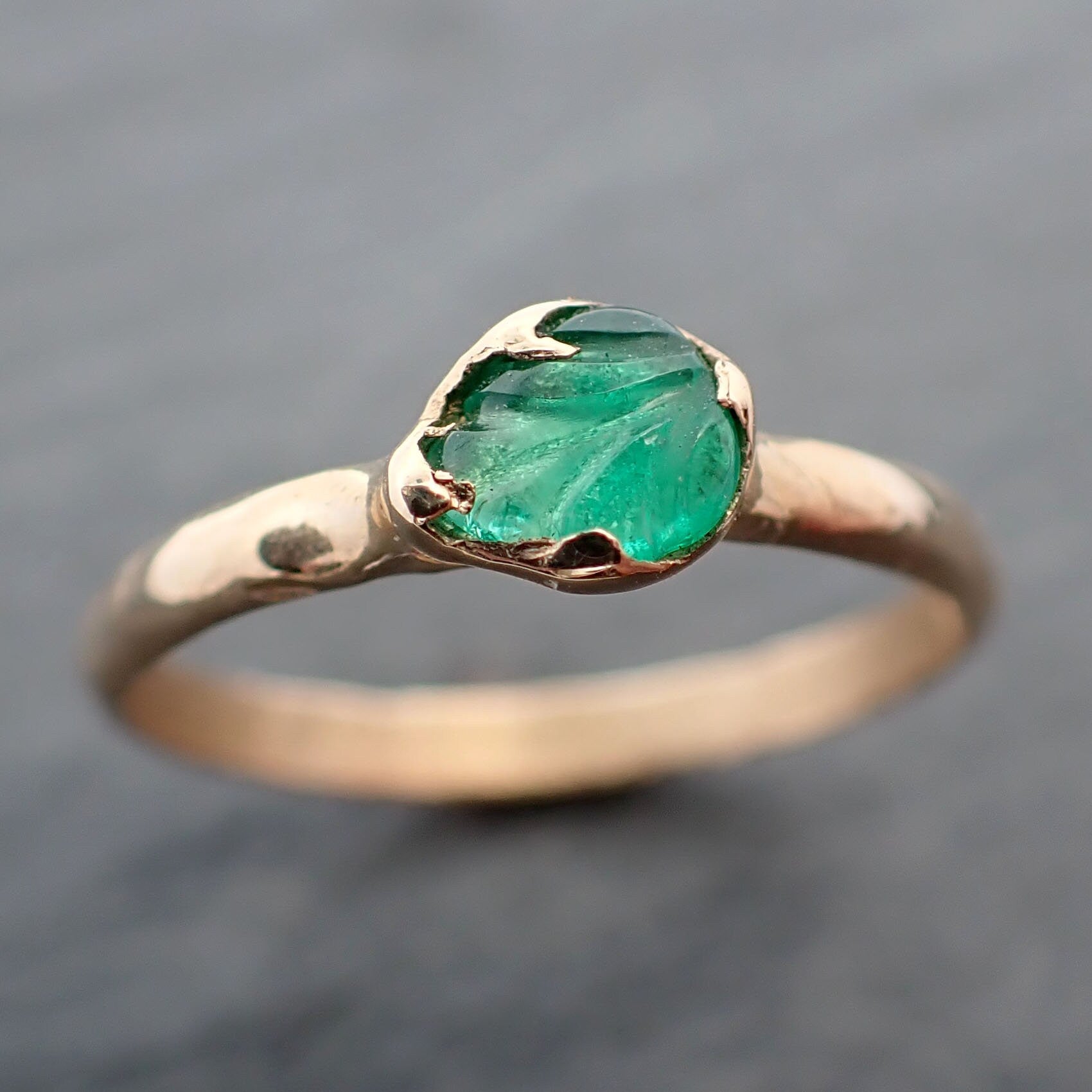Carved Leaf Emerald Solitaire yellow 14k Gold Ring Birthstone One Of a Kind Gemstone Ring Recycled 3473