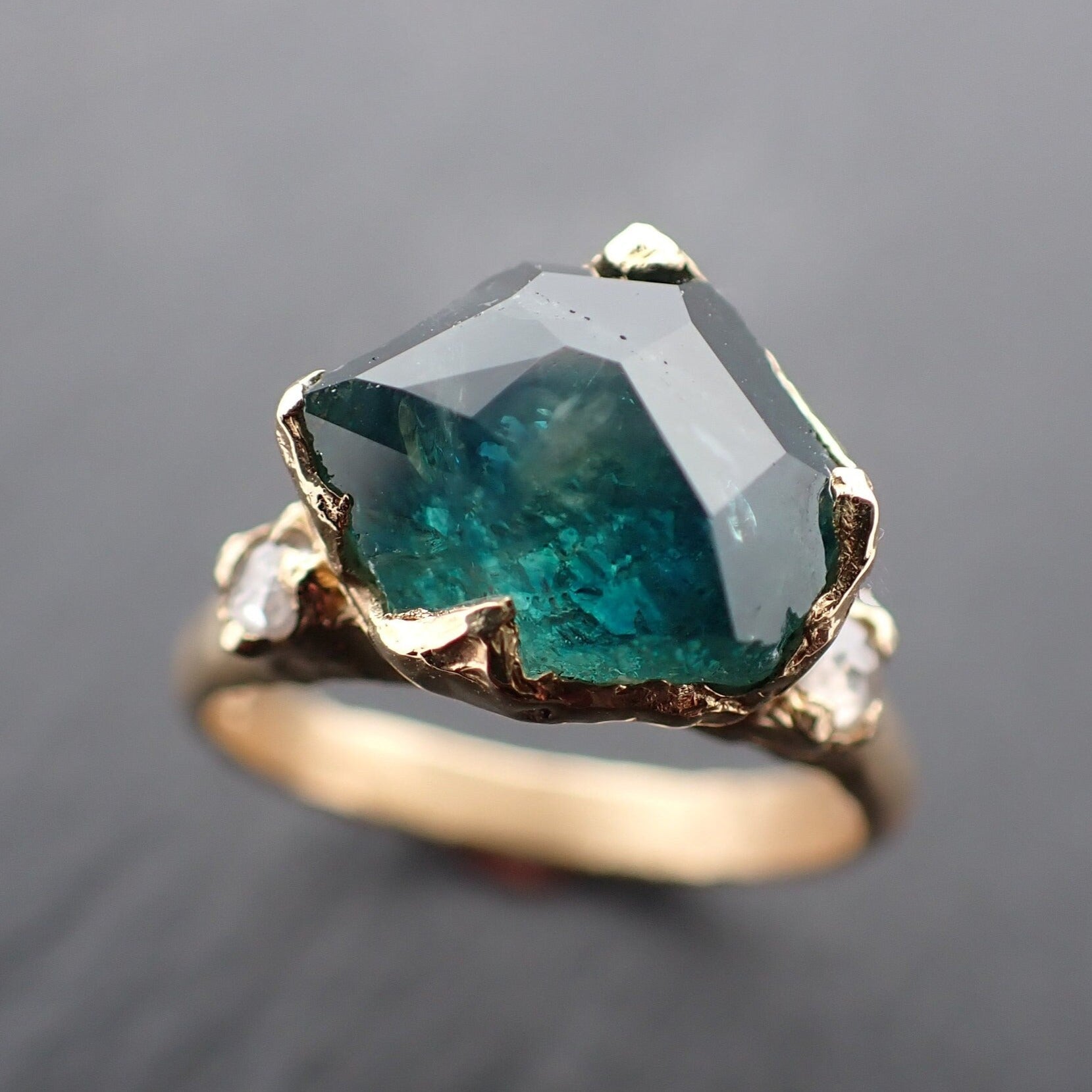 Partially faceted blue green Montana Sapphire salt and pepper Diamond 18k Yellow Gold Engagement Wedding Gemstone Multi stone Ring 3474