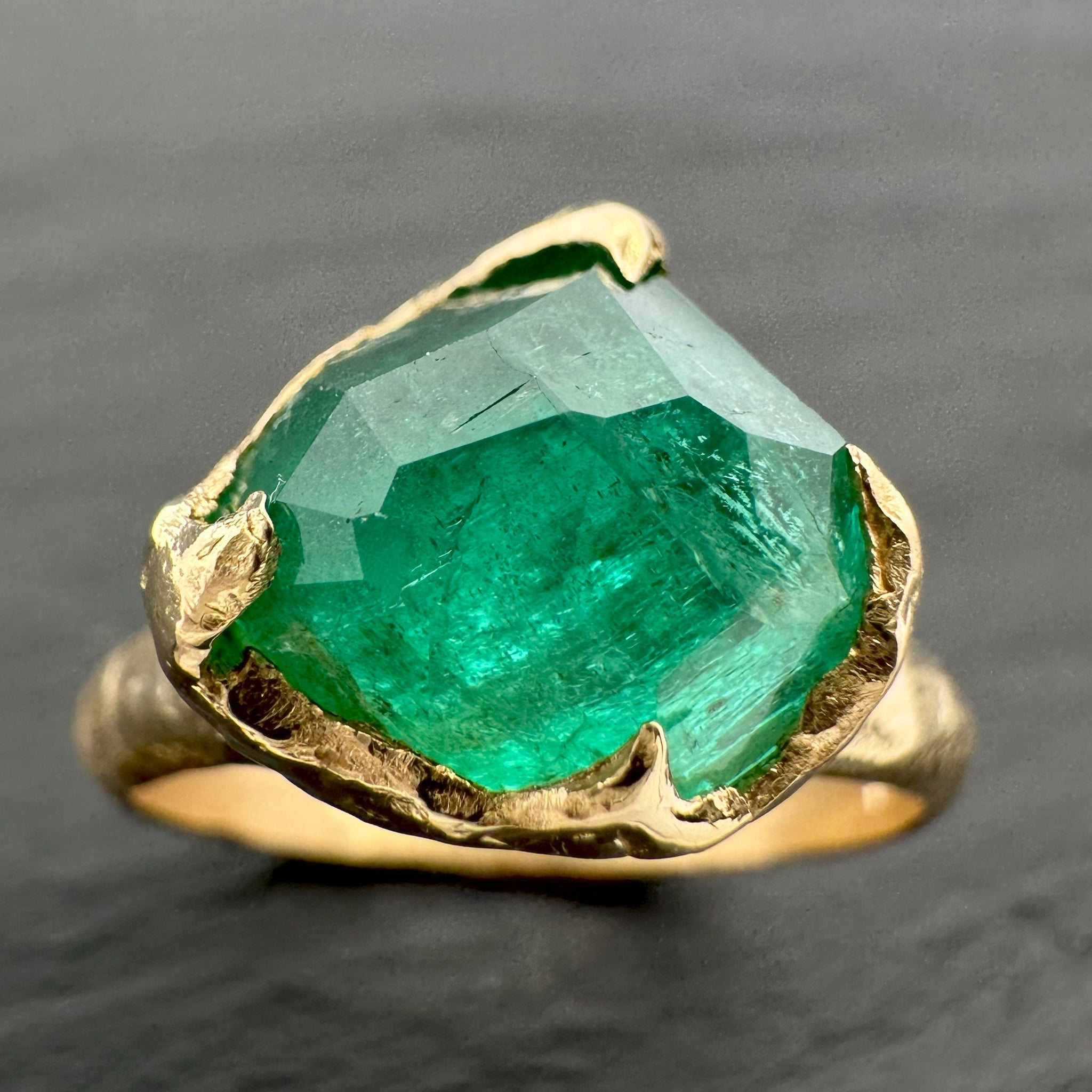 Partially Faceted Emerald Solitaire yellow 18k Gold Ring Birthstone One Of a Kind Gemstone Cocktail Ring Recycled 3480