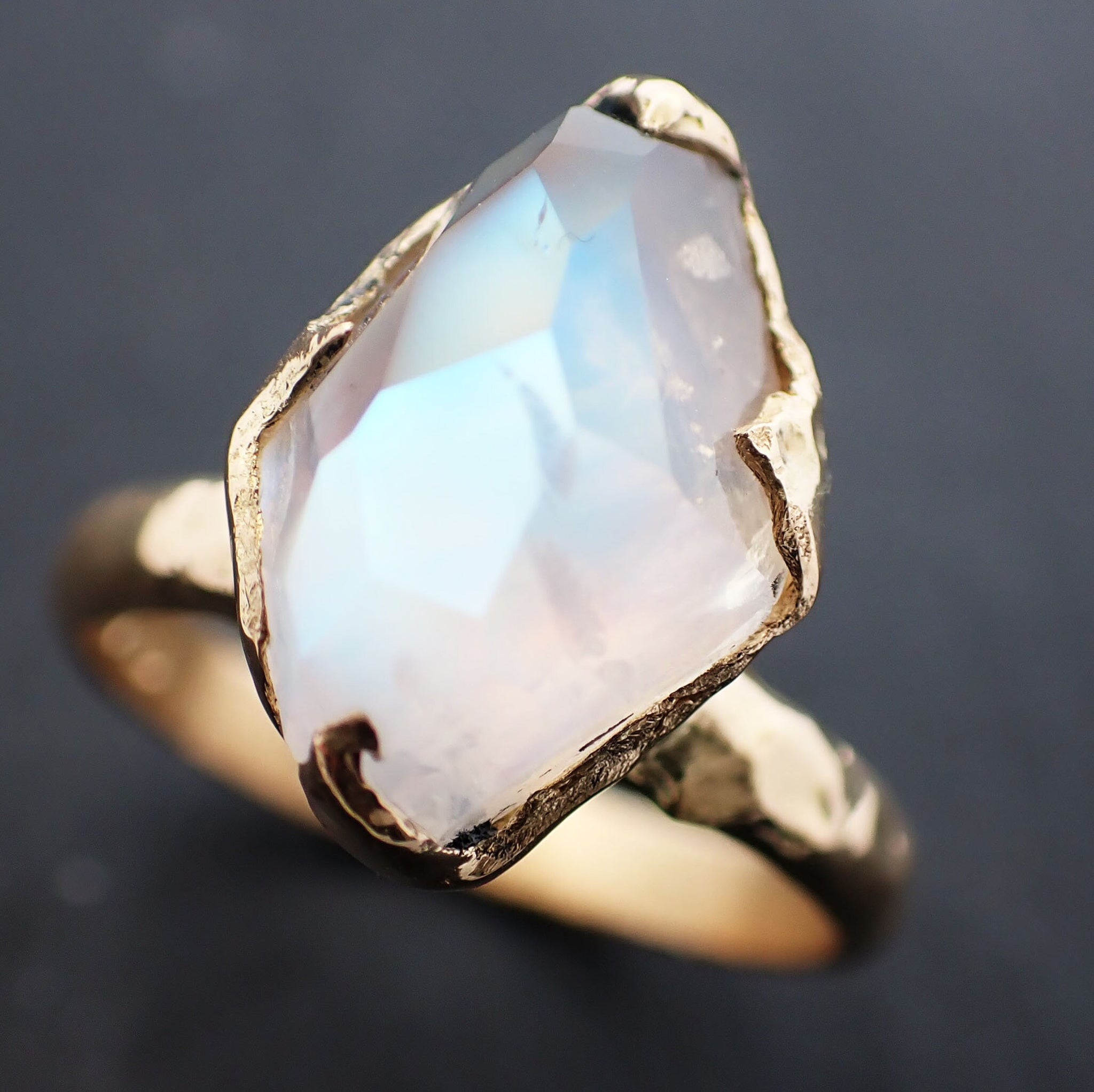Partially Faceted Moonstone Yellow Gold Ring Gemstone Solitaire recycled 18k statement cocktail statement 3483