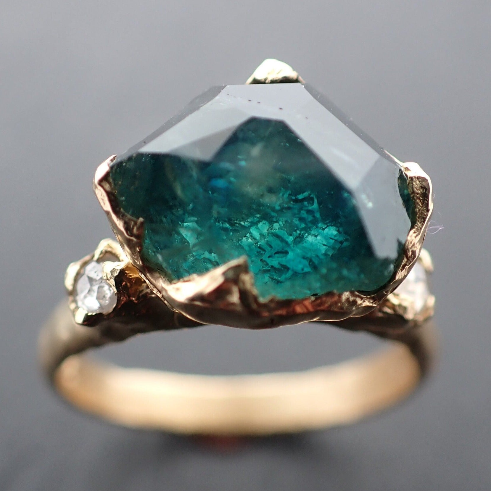 Partially faceted blue green Montana Sapphire salt and pepper Diamond 18k Yellow Gold Engagement Wedding Gemstone Multi stone Ring 3474