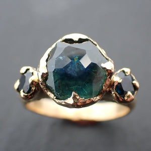 Partially faceted blue green Montana Sapphire fancy cut side Sapphires 18k Gold Engagement Wedding Gemstone ring Multi stone 3475