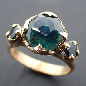 Partially faceted blue green Montana Sapphire fancy cut side Sapphires 18k Gold Engagement Wedding Gemstone ring Multi stone 3475