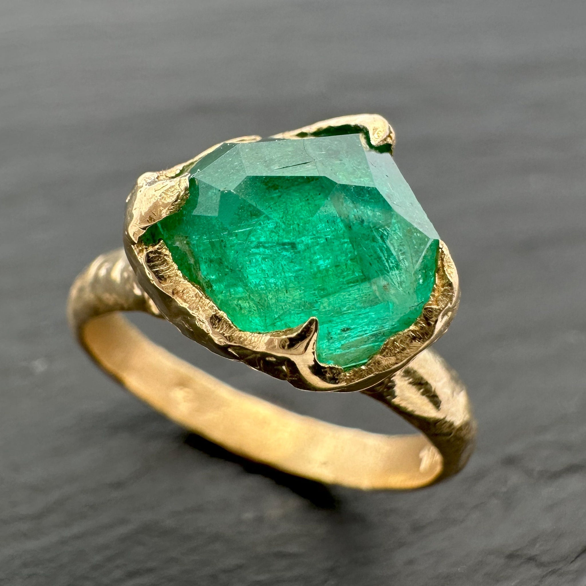 Partially Faceted Emerald Solitaire yellow 18k Gold Ring Birthstone One Of a Kind Gemstone Cocktail Ring Recycled 3480