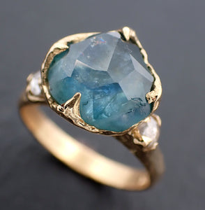 Partially faceted blue Montana Sapphire salt and pepper Diamond 18k Yellow Gold Engagement Wedding Gemstone Multi stone Ring 3482