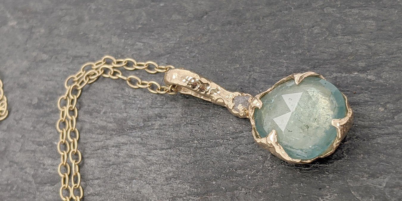 Fancy cut Tourmaline and rough diamond 14k yellow gold Pendant green Gemstone Necklace gemstone Jewelry byAngeline 2088